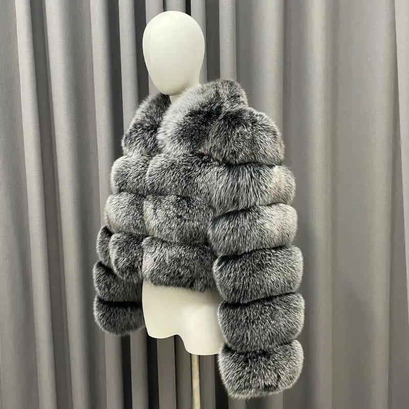 Winter Ladies Cropped Fur Coats Casual Fashion Square Neck Long Sleeves High Quality Real Fox Fur Jacket