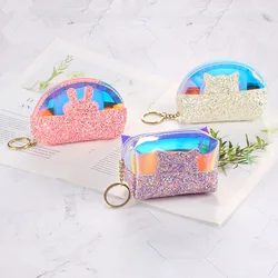 Small Glitter Wallet for Women Girls Mini Coin Purse Keychain Pouches with Key Ring