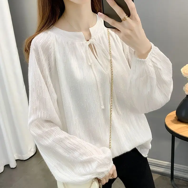 Western Style Lace Up Long Sleeved Thin Chiffon Shirt for Women\'s Spring Autumn New Loose Plus Size Belly Covering Pullover Top