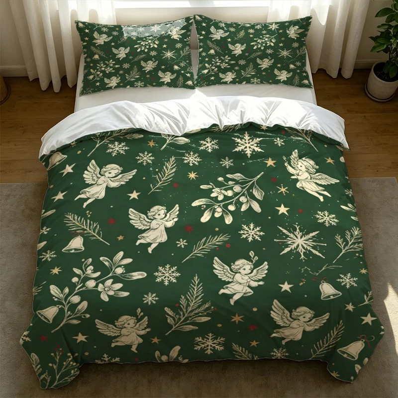 2/3Pcs Polyester Duvet Cover Set,Ultra-Soft,Breathable,Skin-Friendly,Green Background with Cream Mistletoe Branches and Berries