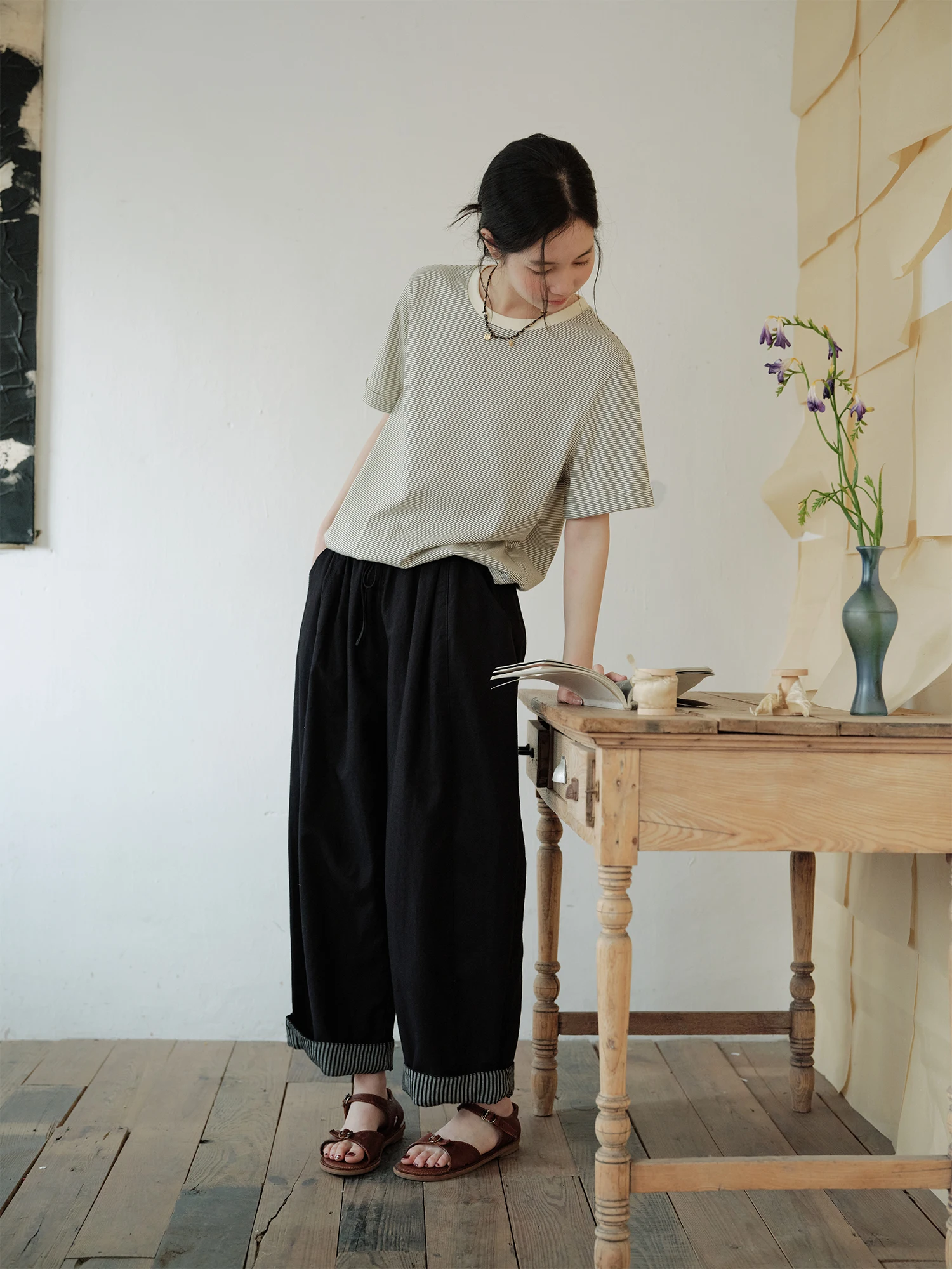 

Женские брюки Bla Balloon из хлопка и льна с лоскутным узором, на резинке, весенние, повседневные, прямого кроя, свободные, в художественном стиле