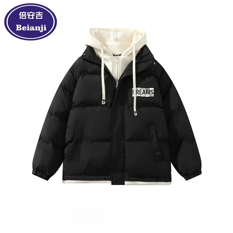 

Beini men's cotton-padded vintage letter print thickened fake two bread wear fashion brand all-in-one winter hooded coat