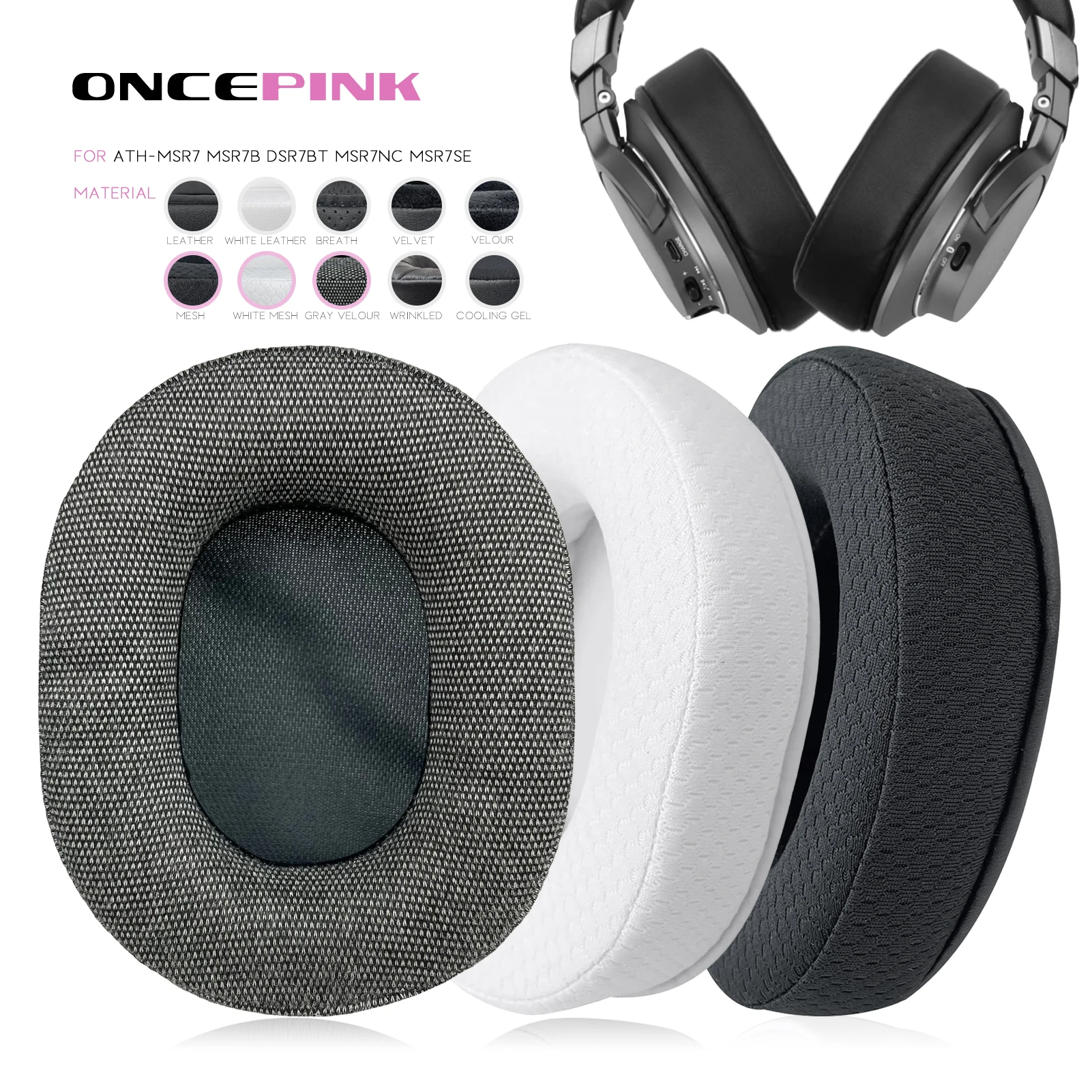 Oncepink Replacement Ear Pads for ATH-MSR7 MSR7B DSR7BT MSR7NC MSR7SE Headphone  Thicken Cushion Earcups Headset Ear Covers