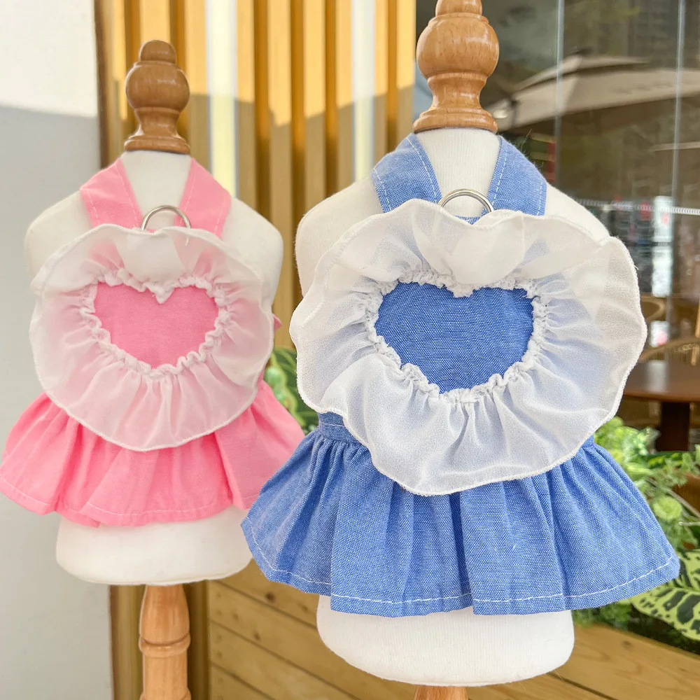 Dog Love Sling Dress with Ruffles Love Lace Dress Spring/Summer Denim Thin Yorkshire Pet Cat Clothing Pet Clothes