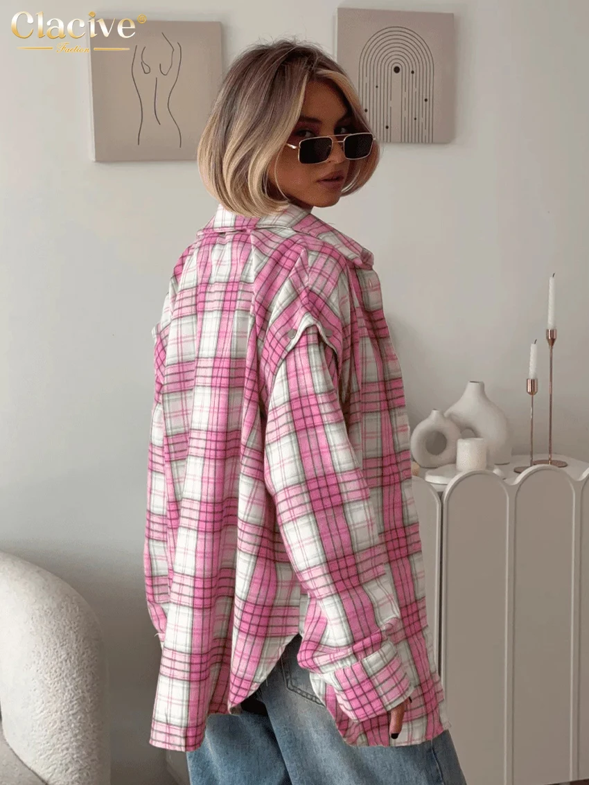 Clacive Fashion Loose Plaid Office Women\'s Shirt Vintage Lapel Long Sleeve Shirts Elegant Classic Blouse Top Female Clothing