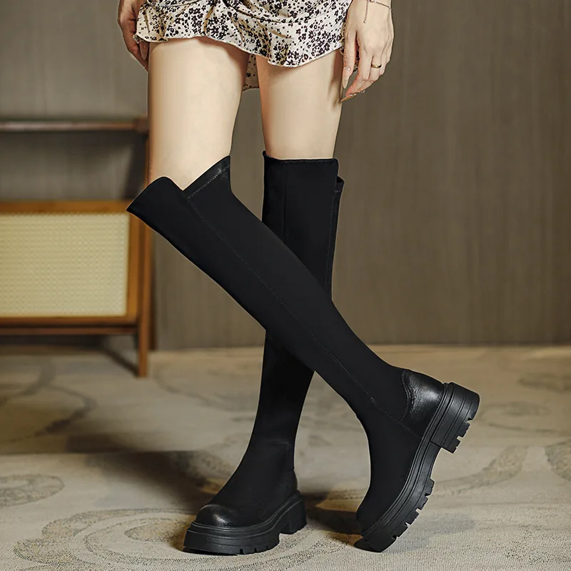 Women Flats Shoes Platform Pleated Chelsea Over The Knee Boots 2025 Winter Trend New Gladiator Suede Boots Goth High Sock Botas