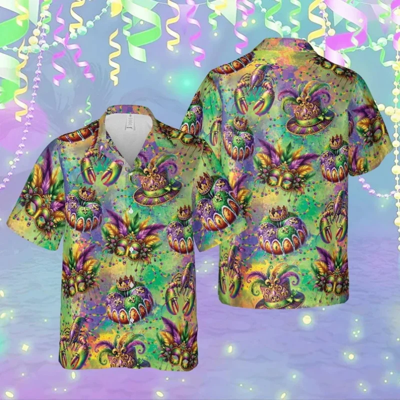 

Карнавальная гавайская рубашка Mardi Gras Crawfish King Cake Jester Hat Рубашка на пуговицах для мужчин Fat Tuesday Mardi Gras Вечерние рубашки