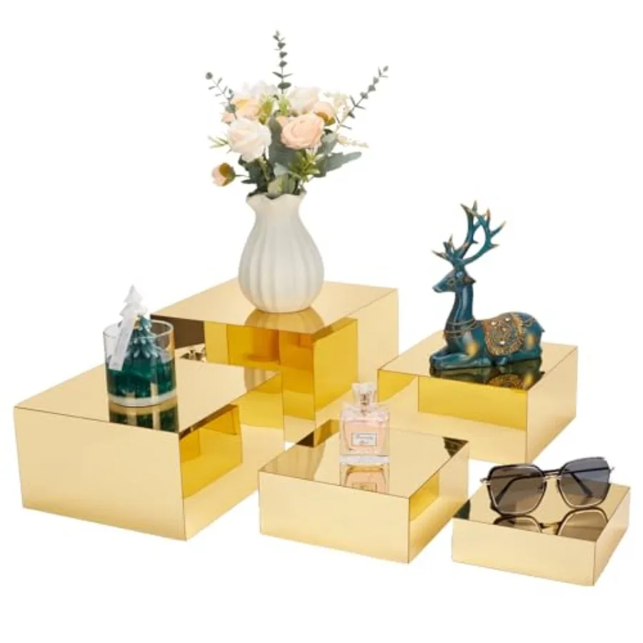 

5 Pcs Acrylic Gold Risers Display Stands Mirrored Food Risers for Buffet Table Nesting Acrylic Cube Boxes for Jewelry Purse Per