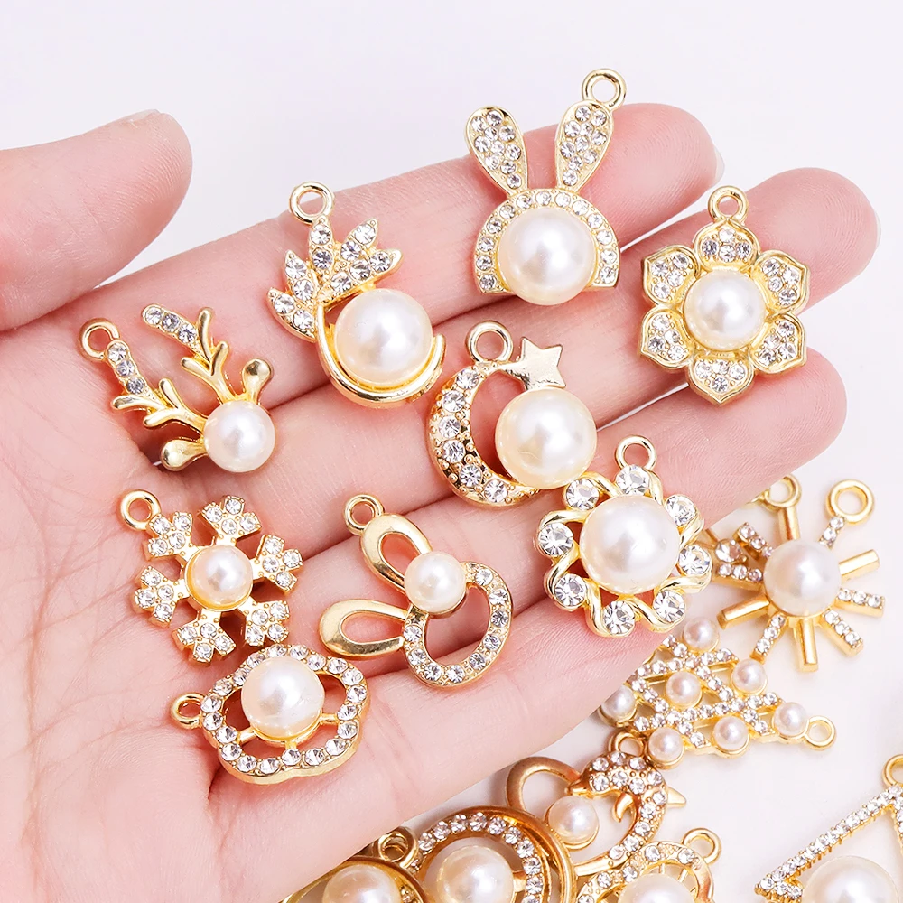 10Pcs Exquisite Shine Zircon Charms Pearl Heart Flower Snowflake Pendant Making Elegant Necklace Wedding Jewelry DIY Accessories