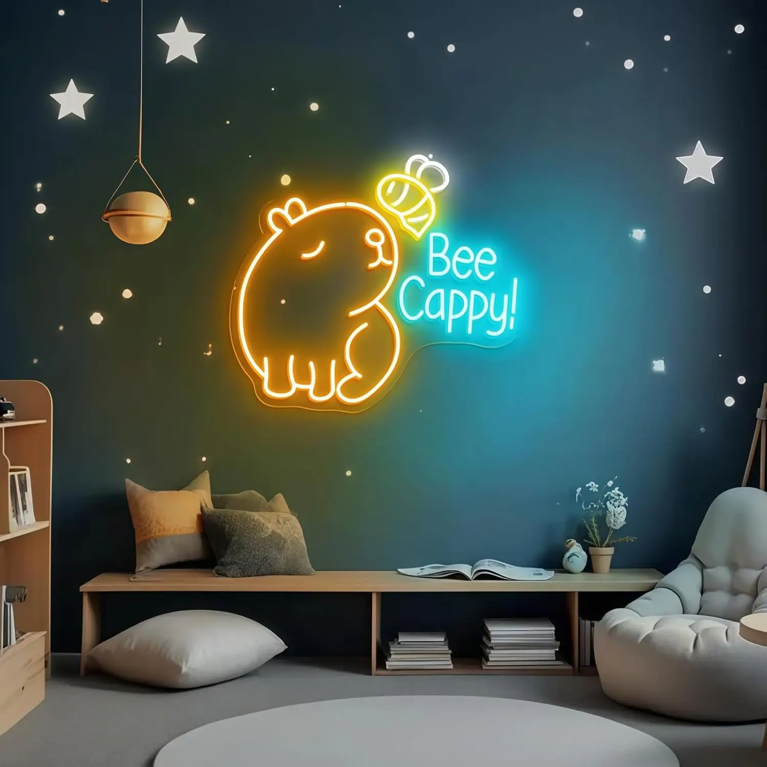 

Светодиодная неоновая вывеска Bee Cappy, теплый свет, для декора стен, USB, с регулировкой яркости, неоновый ночник для спальни, гостиной, уголка для чтения, декора общежития, подарки