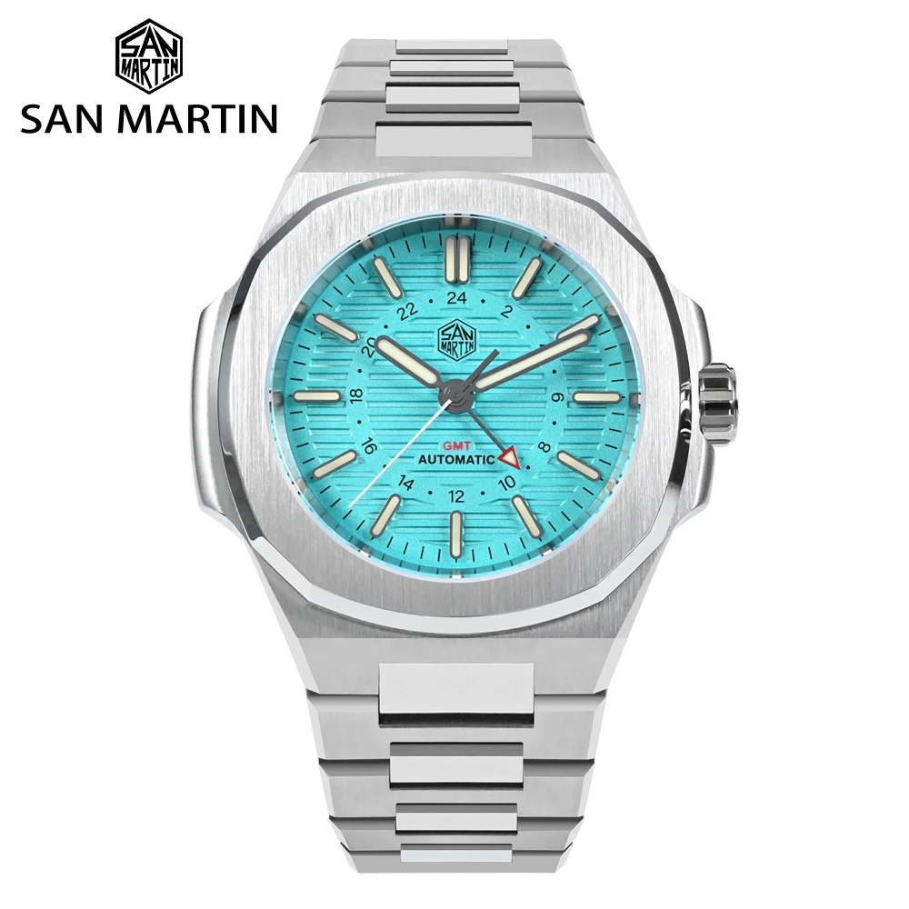 San Martin Mens Watch New 43mm GMT Classic Business Luxury Automatic Mechanical Watches for Men Sapphire 10Bar BGW-9 Luminous