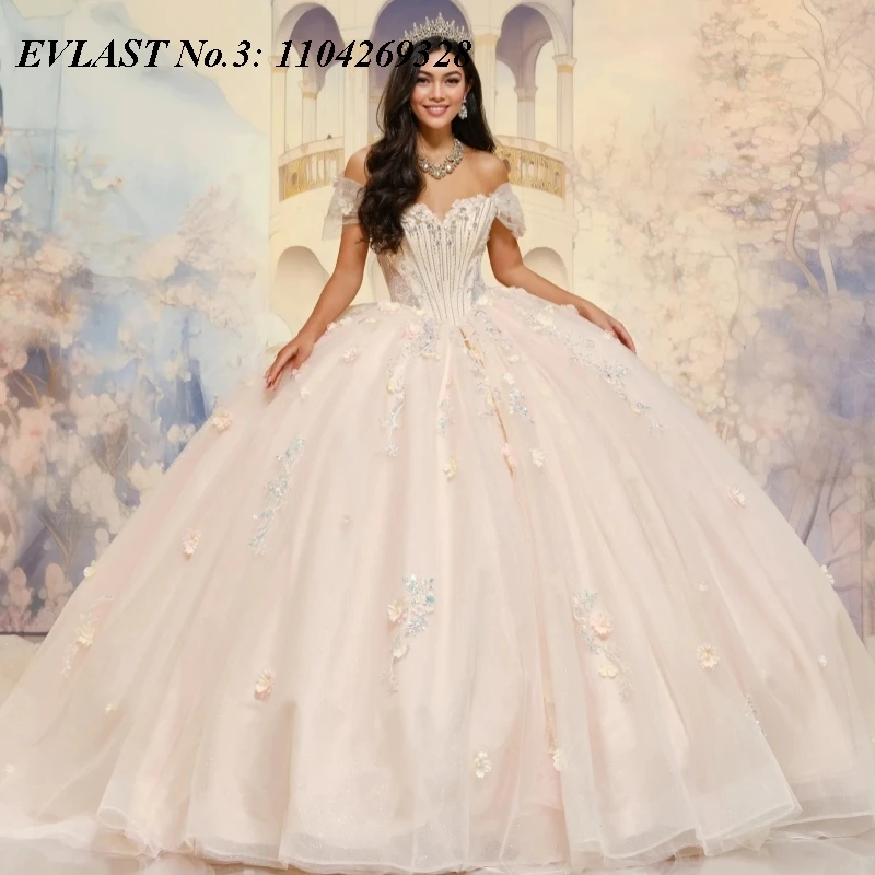 

EVLAST блестящее бежевое платье Quinceanera по индивидуальному заказу, бальное платье с цветочной аппликацией и бисером, бант, корсет Sweet 16, Vestidos De 15 Anos E3Q820