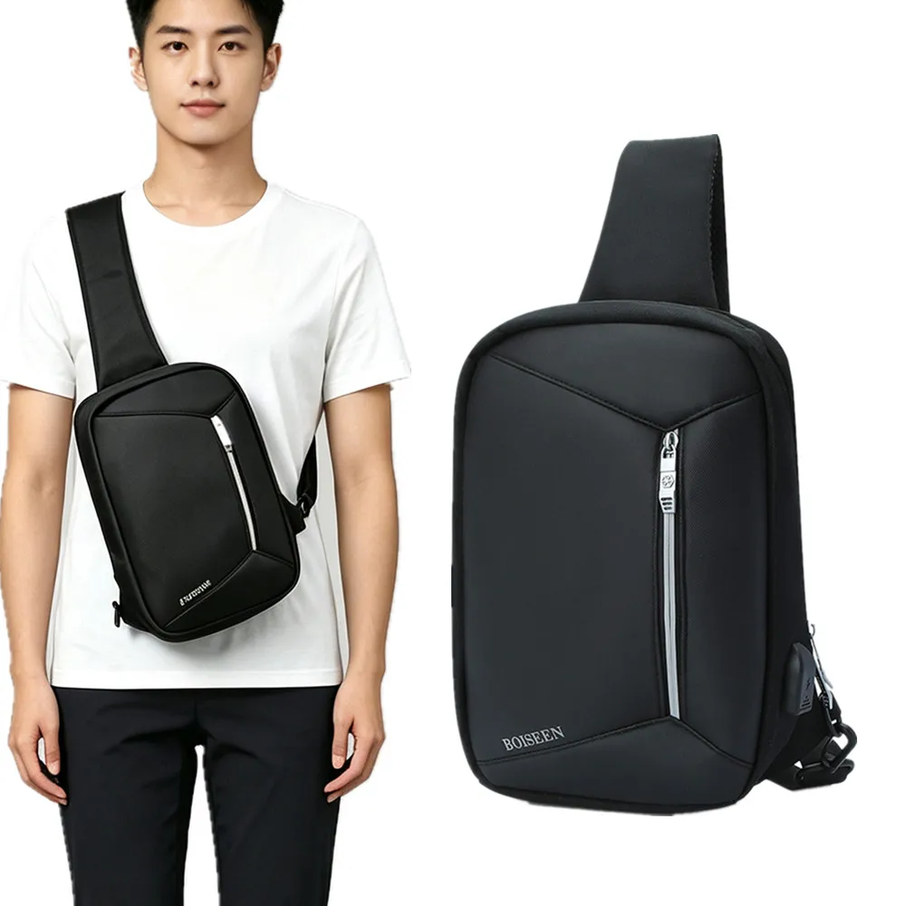 Men's Reflective Strip USB Charging Crossbody Bag For Business Zipped Closure Waterresistant Shoulder Bag