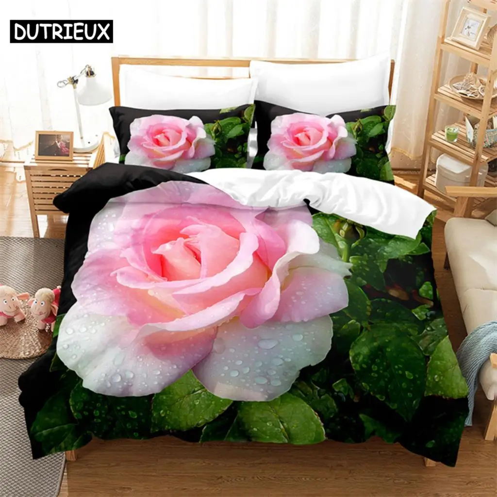 

Pink Rose Queen Bedding Set Green Leaf Duvet Cover Set Bedding Digital Printing Bed Linen King Size Duvet Cover Set Bedding Sets