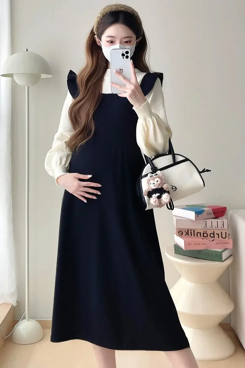 

Winter Maternity Knitting Dress Long Lantern Sleeve Half Turtleneck Neck Ruffles Patchwork Pregnant Woman Faux Two Pieces Dress