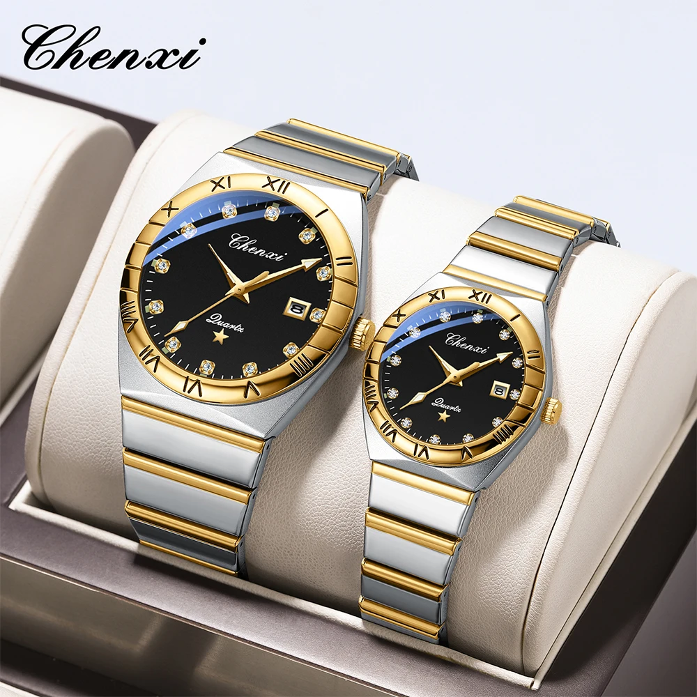 CHENXI Couple Watches Gold Round Dial Diamond Calendar Luminous Couples Wristwatch Fashion Quartz Watch For Men Women