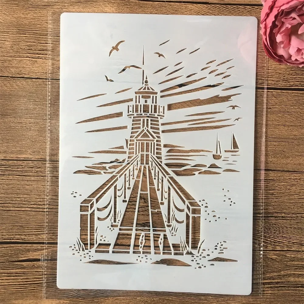 4Pcs A4 29cm Sailboat Lighthouse Iceberg DIY Layering Stencils Painting Scrapbook Coloring Embossing Album Decorative Template