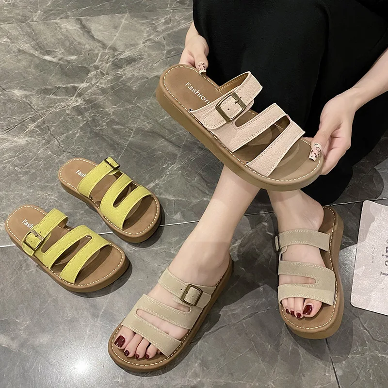

2025 Shoes Women's Flat Outdoor Beach Casual Slippers Thick Sole Leather Cork Sole Sandals and Slippers Fashio Shoes Woman