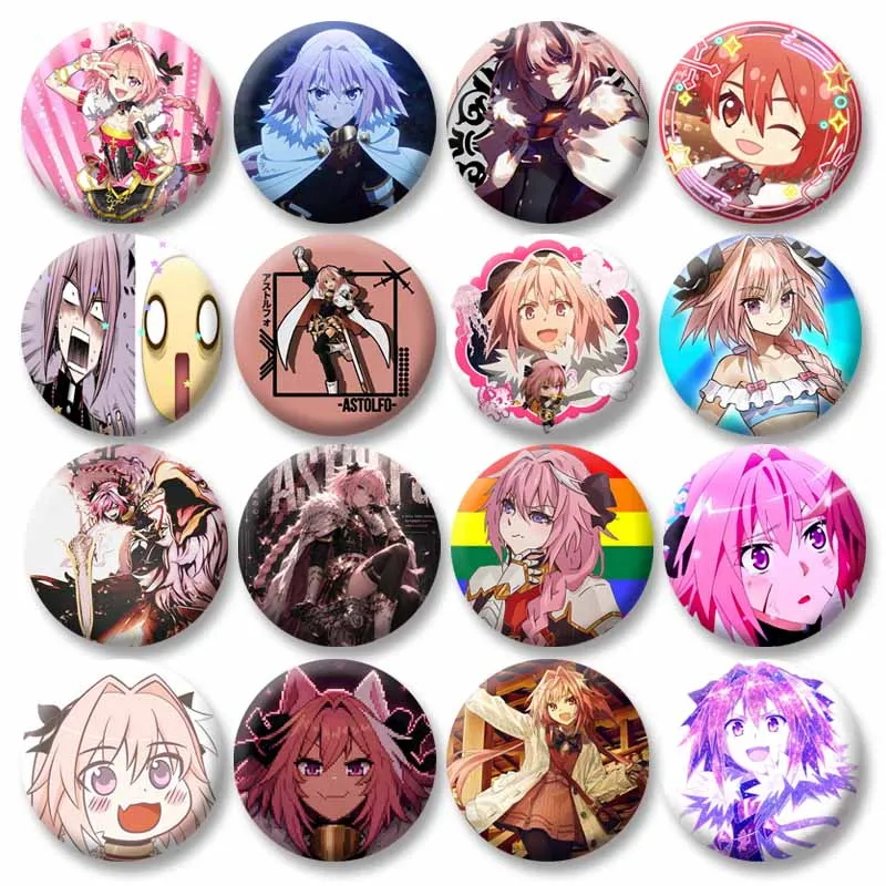 Customizable Astolfo Round Brooch Cute Cartoon Girl Cosplay Badge Anime Role Button Pins Clothes Hat Bag Jewelry Accessory Gifts