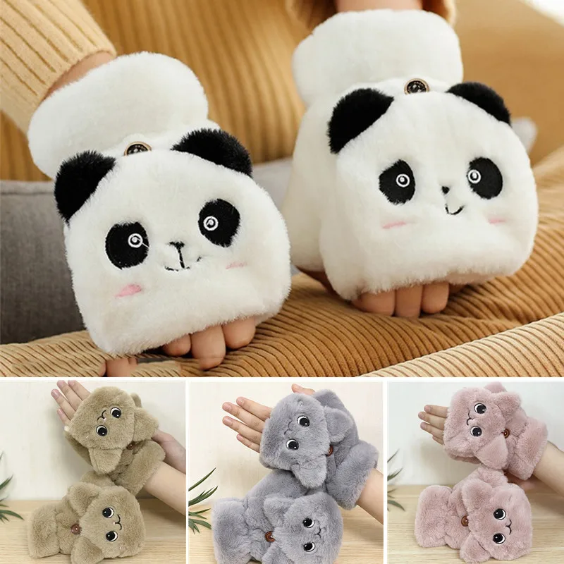 Damen Plüsch-Wärmehandschuhe Niedliche Hasen-, Katzen- und Panda-Fäustlinge Fingerlose Klapphandschuhe Weiche Mädchen-Dicke Handschuhe Flexible Halbfinger-Winterhandschuhe