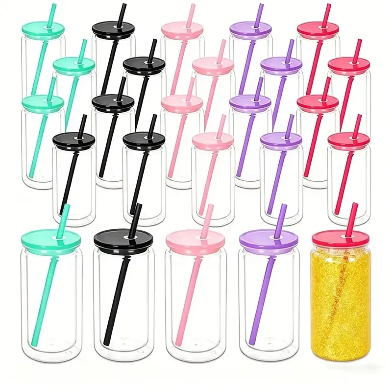 25/50pcs 16oz Acrylic Double Wall Plastic Snow Globe Cups with Lid and Straw for DIY Glitter