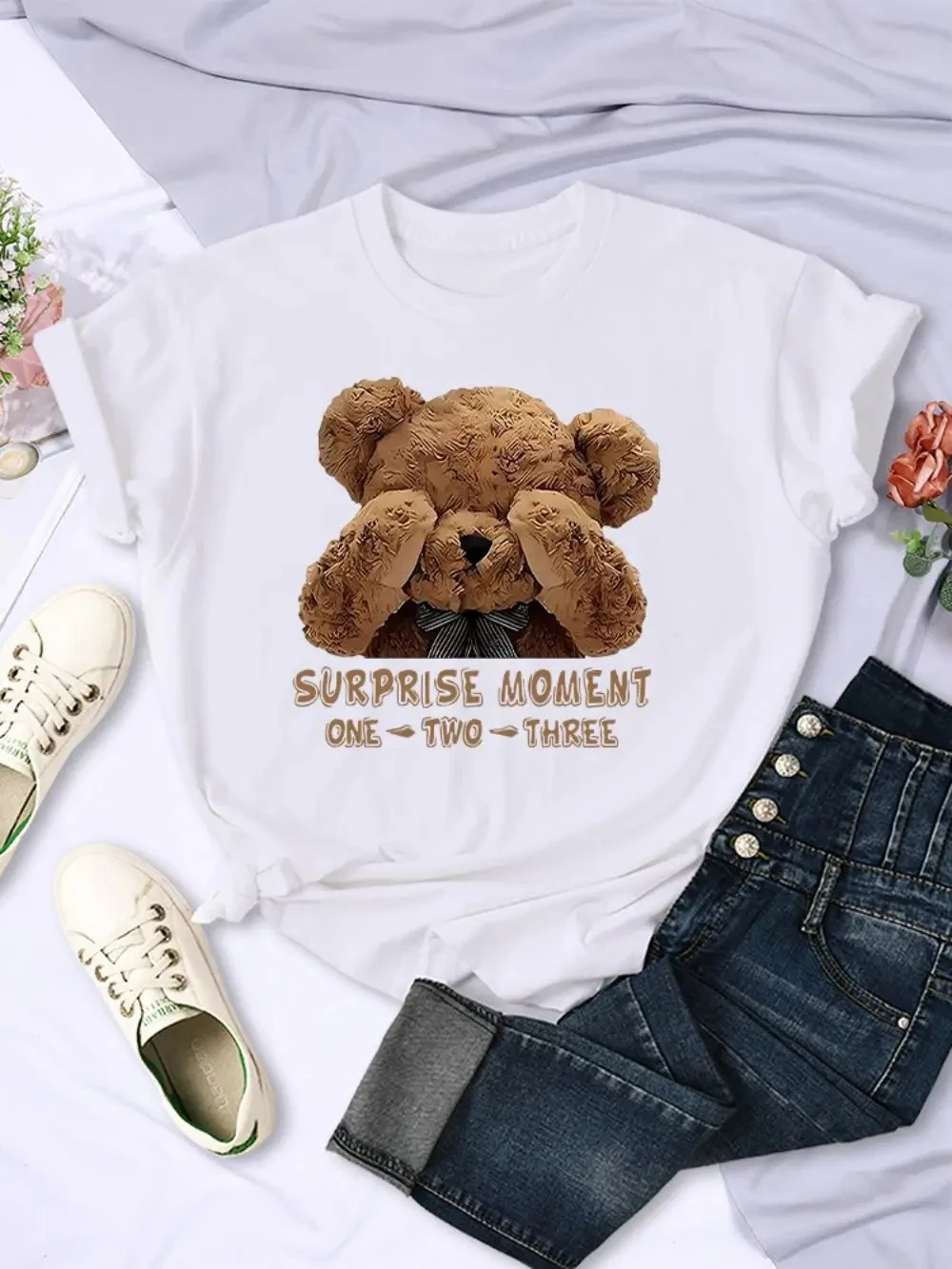 T-shirt da donna estive One Two Three Teddy Bear Top stampati T-shirt con o-collo morbide e traspiranti Cartoni animati casual Abiti femminili