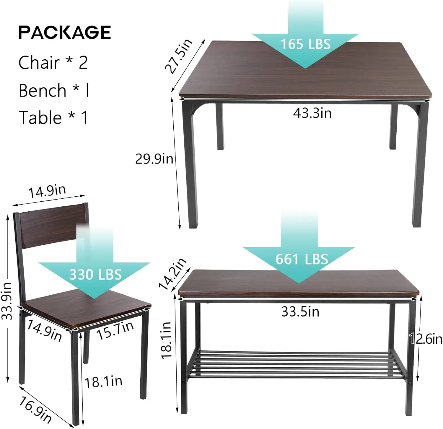 Sogespower Dining Room Table Set 43 Inch Kitchen Table Set With 2 Chairs And Bench, Dining Room Table Set For 4 Home, Kitchen,