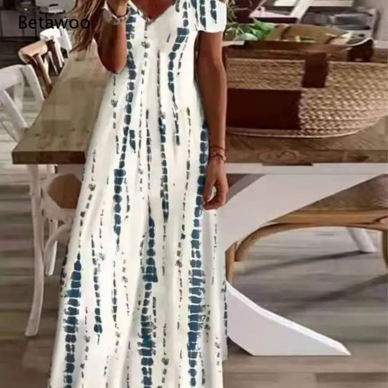 Women Floral Print Cold Shoulder Maxi Dress V Neck Short Sleeve Loose Long Multiple Patterns Boho Casual Vacation Dress