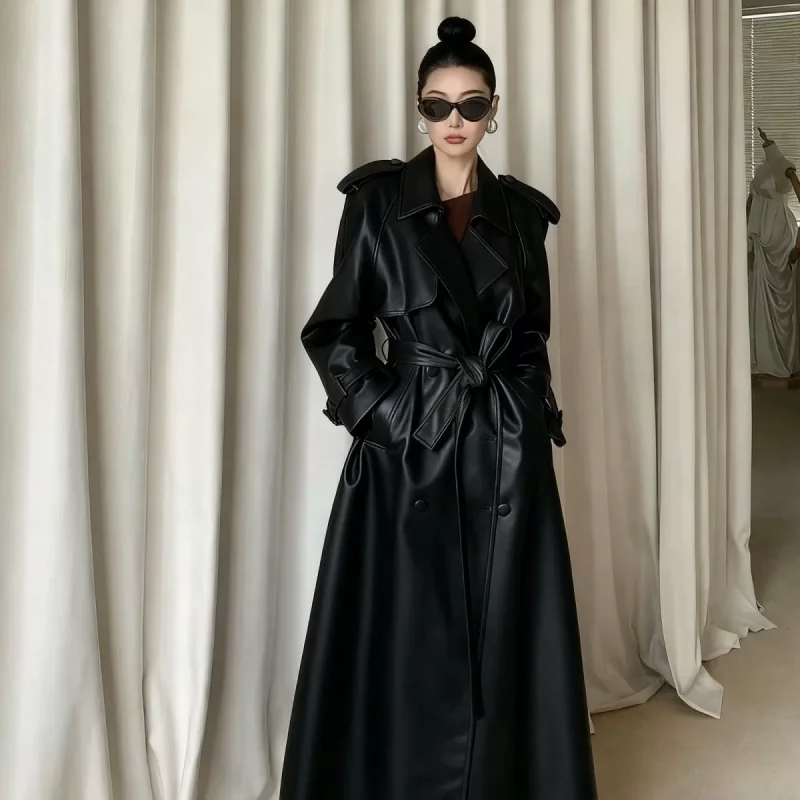 American style Oversize leather windbreaker Long women's autumn new item belt loose PU leather jacket trendy j1882