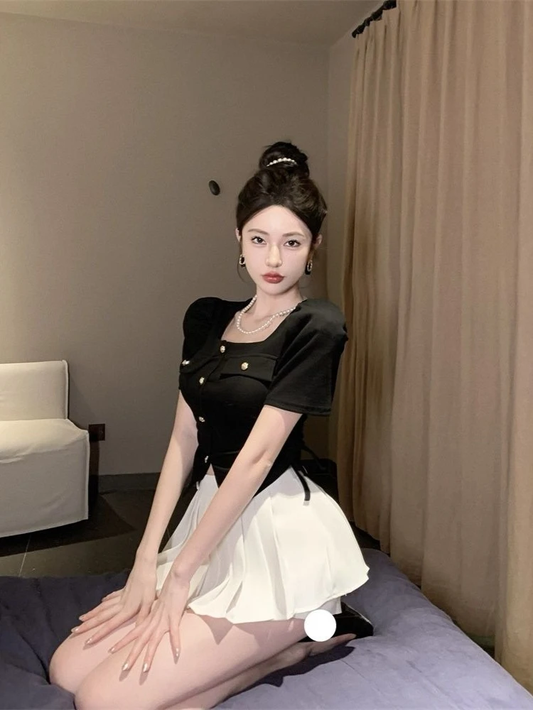 

Elegant French Style Women Puff Sleeve Gold Button Drawstring Square Neck Short Sleeve Slim Top High Waist Pleated Skirt Pants