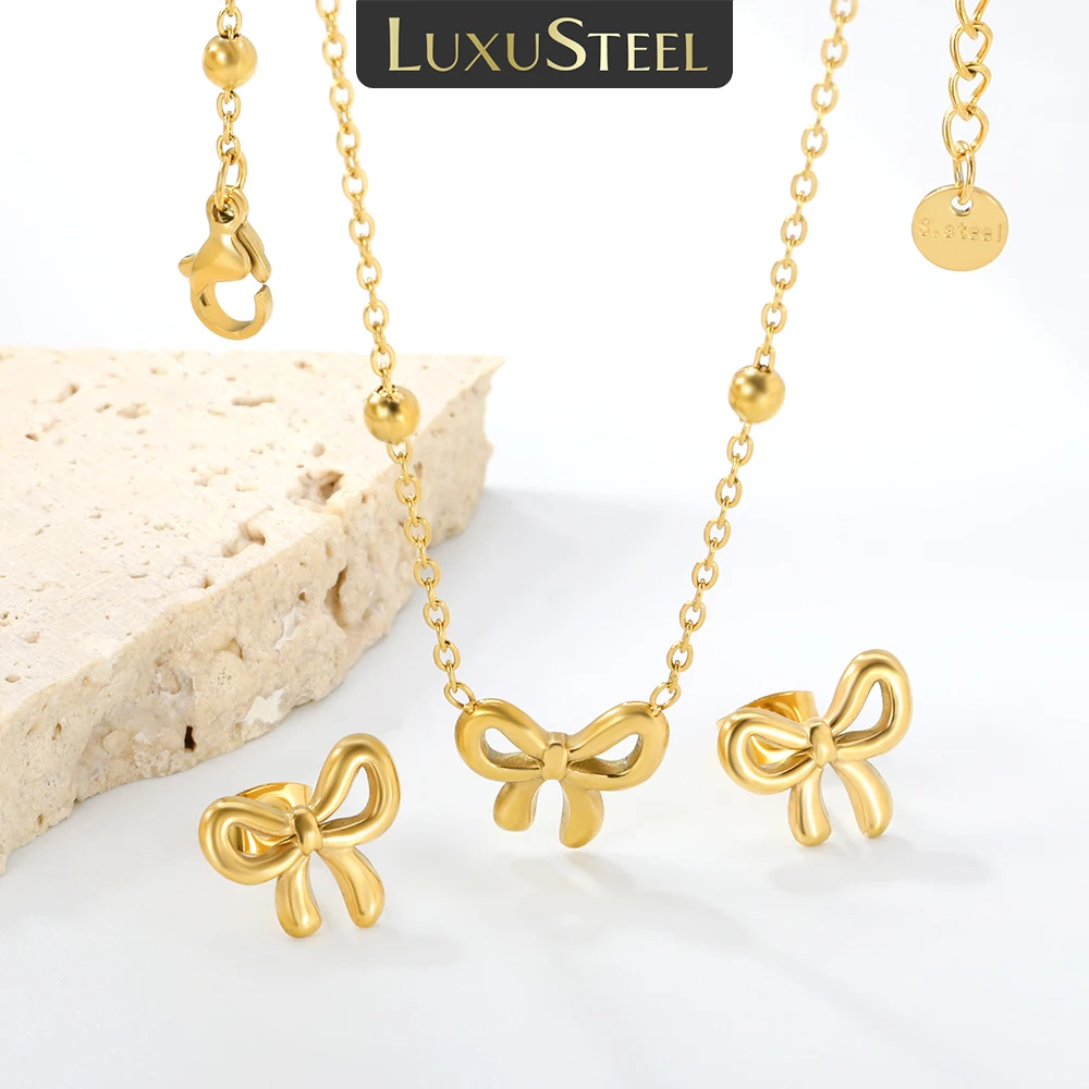 LUXUSTEEL Schmuckset mit Schleifenanhänger, Halskette und Ohrringen für Damen, Edelstahl-Set, Kettenhalskette, Ohrringe, Schmuckgeschenk