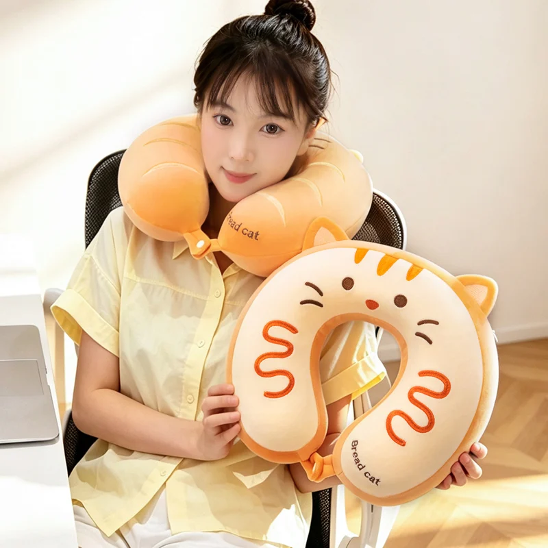 Cute Bread Cat U Shaped Neck Pillow Soft Plush Travel Pillow Airplane Car Office Nap Cervical Support Cushion Portable Gift