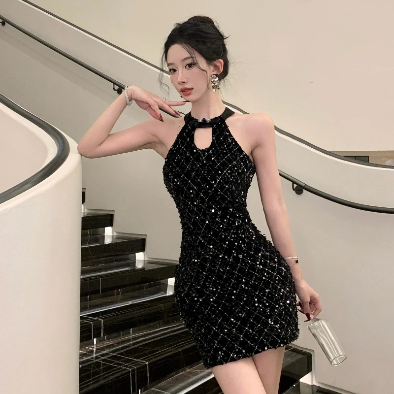 

Sweet Hot Girl Sequin Halter Wrap Hip Dress Women's Autumn Sexy Hollow Slim Fit Evening Short Dress Fashion Female Clothes