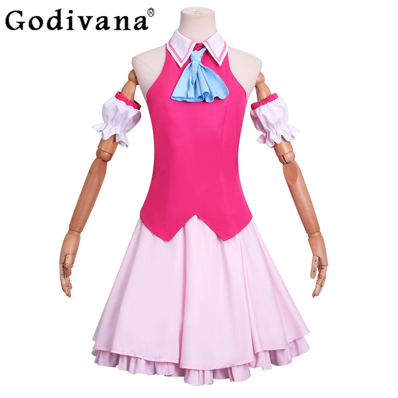 

Spring Summer Red Sleeveless Halter Neck T-shirt Sweet Age Reduction Pink High Waist A-line Princess Skirt Cos Animation Sets