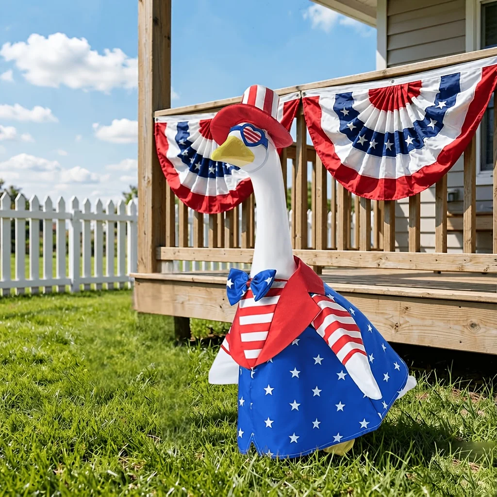 New Patriotic Themed Porch Goose Costume, Exclusive Set for 23 Inches, Includes Hat, Glasses, Bow And Dress. Designed with Red, White And Blue Star And Stripe Elements, Made Of High-Quality Fabric, Sturdy, Durable And Fad And Halloween, Christmas