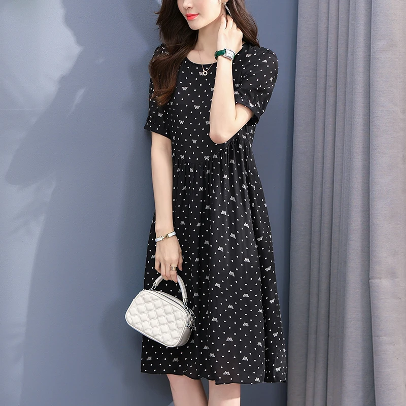 Elegant Fashion Dresses for Women 2026 Summer O-neck Short Sleeve Butterfly Dot Print Woman 100% Real Silk Black Dress A-line