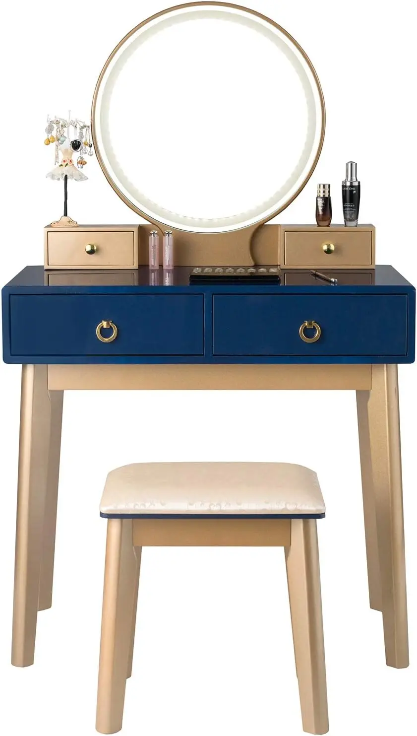 Costway Vanity Table Set With Led Lighted Mirror, Makeup Dressing Table Set With 3 Color Lighting Modes & Adjustable