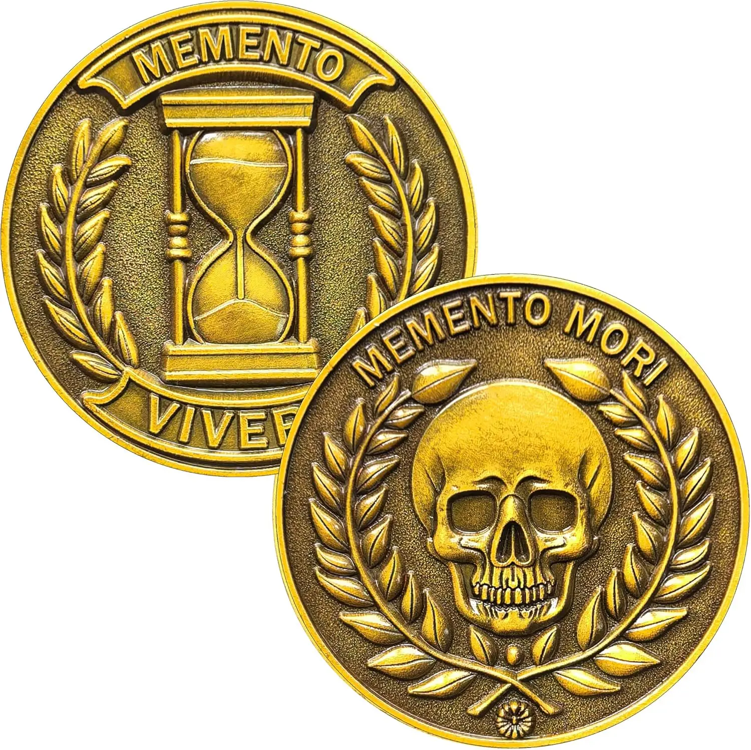 عملة تحدي Memento Mori - إكليل جمجمة وغار مقاس 1.37 بوصة، عملة تحفيزية للانعكاس، الحكمة، الشجاعة، هدية ملهمة