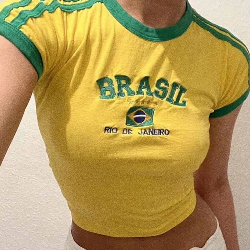 Womens Aesthetic BRASIL Letter Print T-Shirt and Shorts Suit, Vintage Grunge  Short Sleeve Baby Tees, Summer Crop Top Y2k Clothe