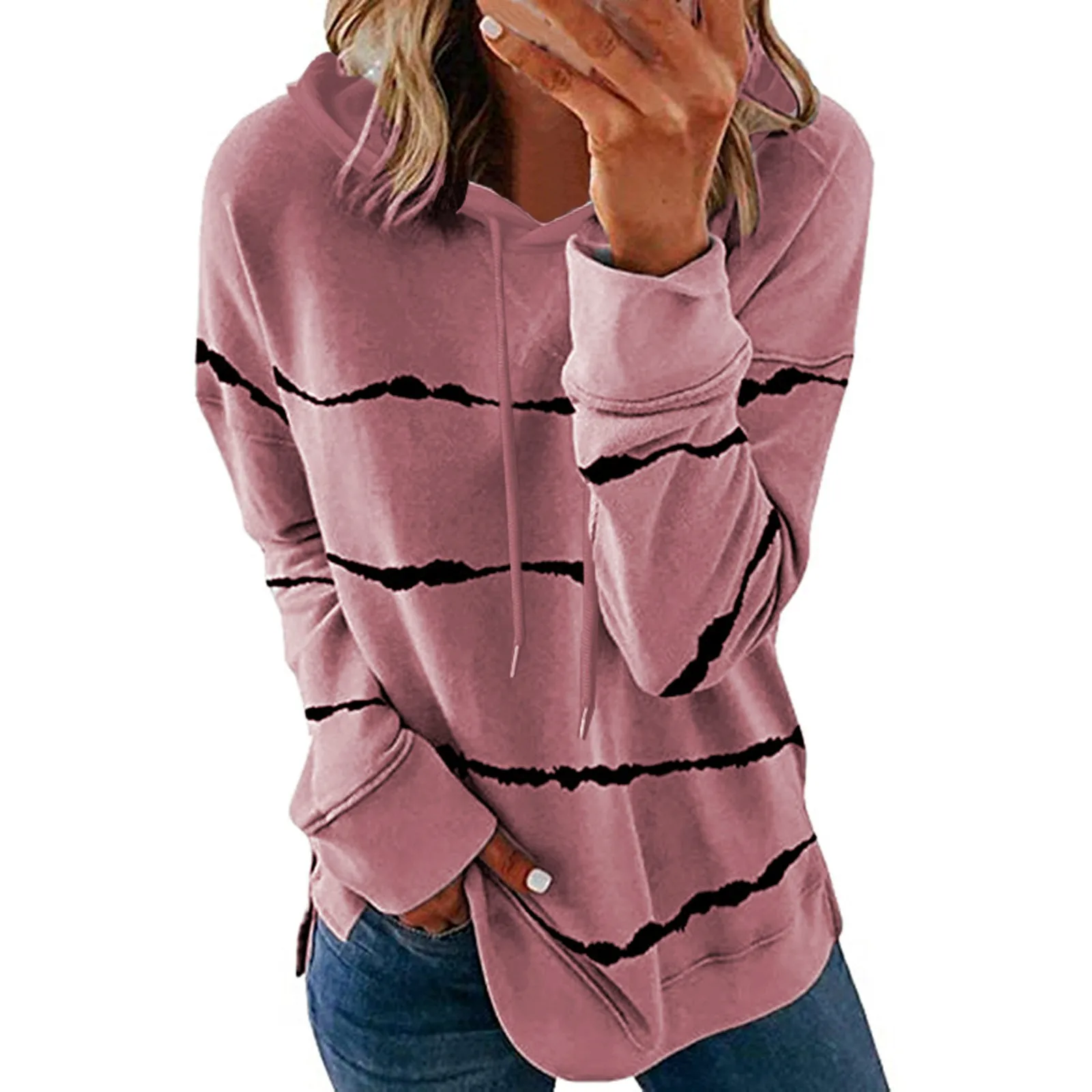 Women\'s Pullover Fashion Casual Stripe Print Hooded Long Sleeve Loose T Shirt Tops