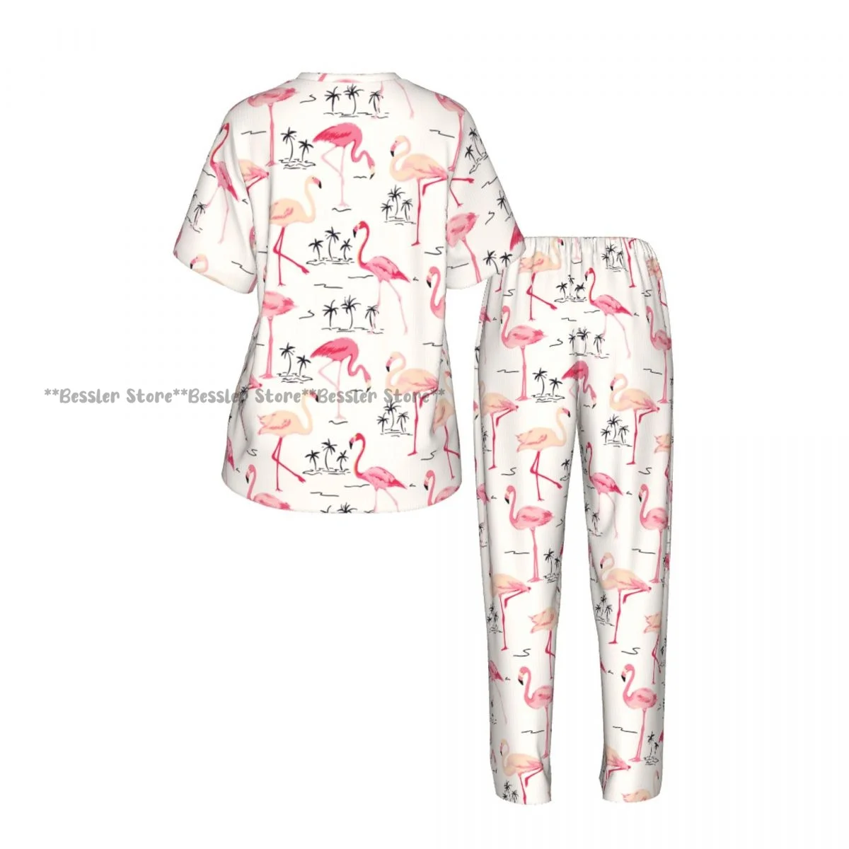 Flamingo Bird Retro Palm Tree Pajamas Set Short-sleeved Women Home Clothing view 3