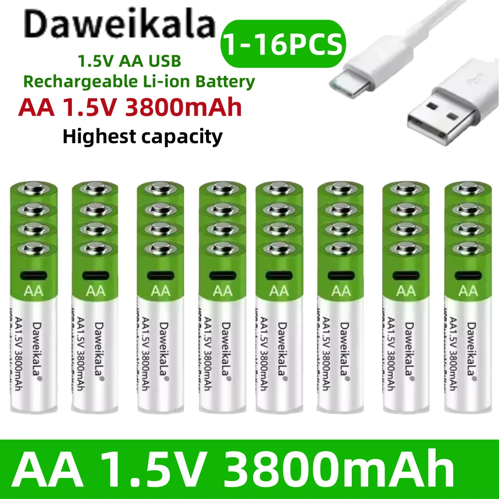 Batterie au lithium rechargeable USB AA 1.5V, capacité 3800mah et lithium USB, charge rapide pour clavier jouet