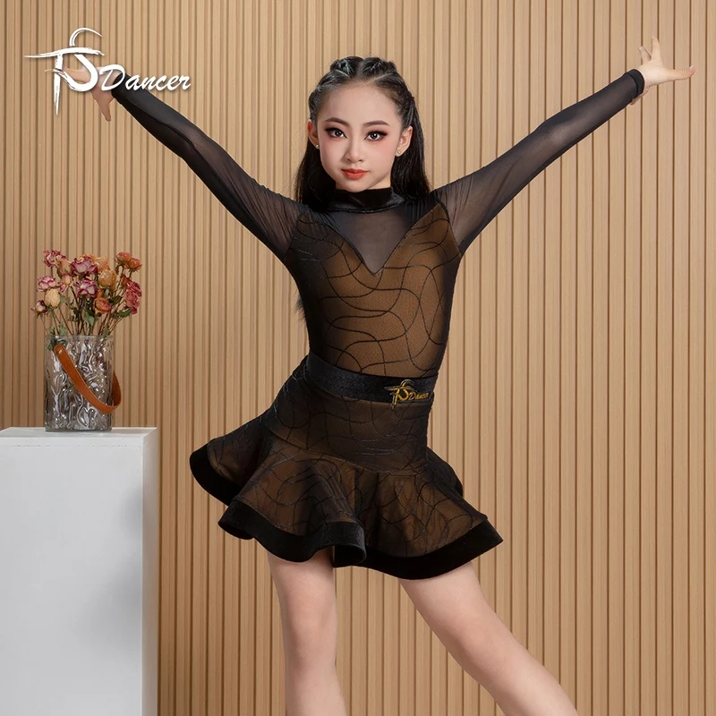 Nowe stroje do tańca latynoamerykańskiego dla dziewcząt, sukienka konkursowa, długi rękaw, siateczkowe wstawki, topy, spódnica z fiszbinami, długi rękaw, odzież do ćwiczeń BL17155