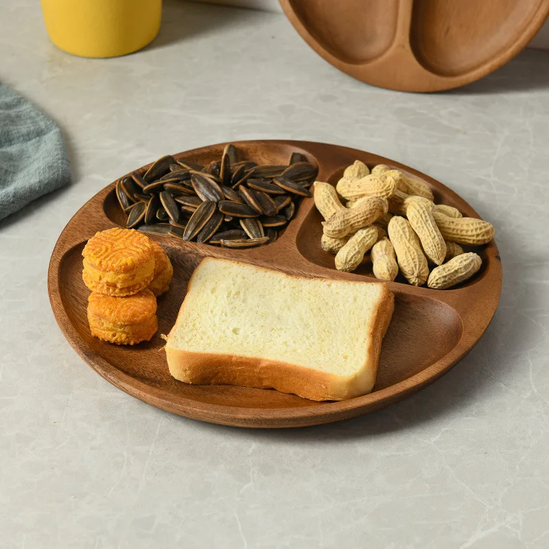 Japanese Round Dividing Plate, Acacia Wood, Dim Sum, Solid Wood, Snack Plate, Household Walnut Snack Fruit Plate