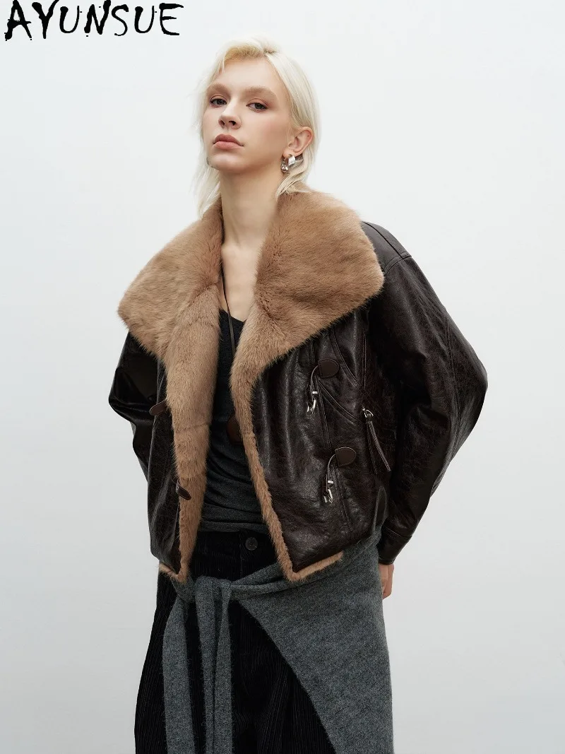 AYUNSUE White Goose Down Winter Jacket Real Muskrat Fur Lapel Collar Coat Warm Winter Clothing Short Length Loose Fit Clothes