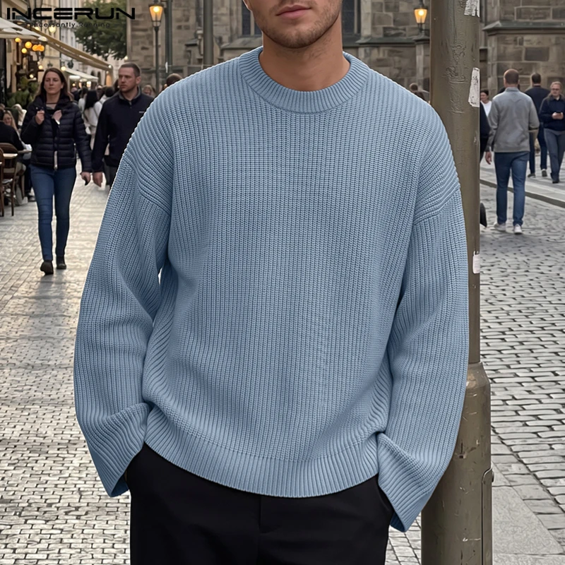 INCERUN Men's Sweaters Solid O-neck Long Sleeve Spring Autumn Men's Clothes Streetwear Loose Fashion Casual Pullovers For Man