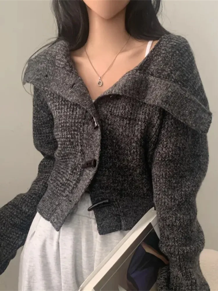 

Women's Knitted Cardigan Sweater Coat with Horn Buttons Versatile Slimming Large Collar Autumn New Sle Comfortable Fit