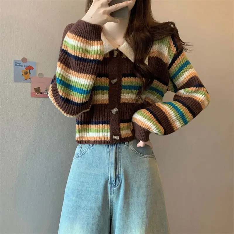 Color Blocking Striped Sweater Knitted Women\'s Autumn Winter 2024 New Style Outerwear Pullover Collar Short Base Cardigan Top