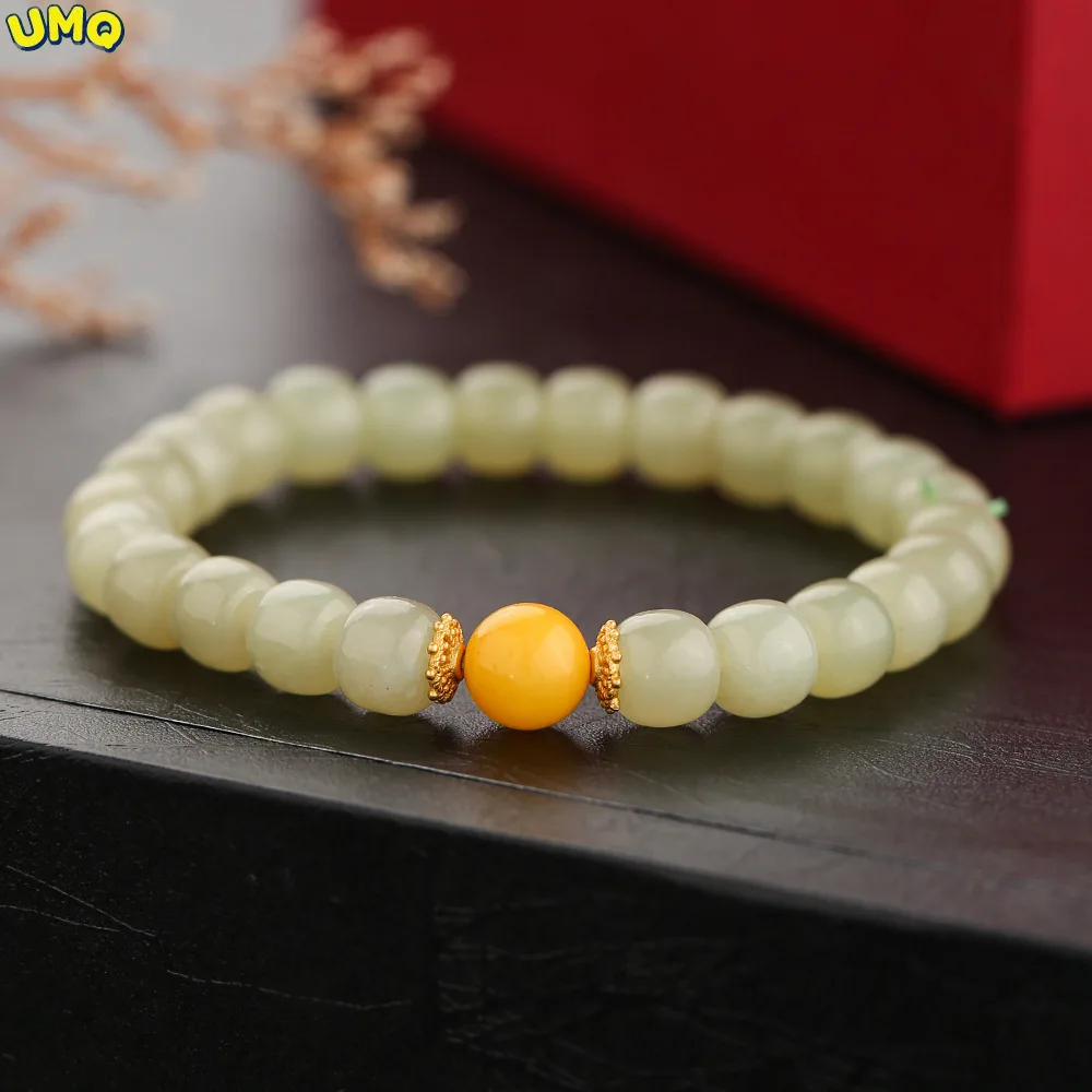 

Soft and Natural with Fingers Hetian Jade Hand String Stone Girl Plain Circle Light Sunshine Honey Wax Beads Ethnic Style Bracel