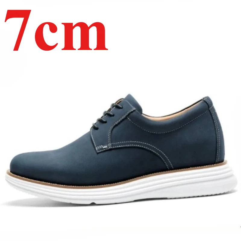 Invisible Inner Heightening Shoes Men's 7cm Genuine Leather Casual Shoes Blue Business Suede Breathable Comfortable Derby Shoes